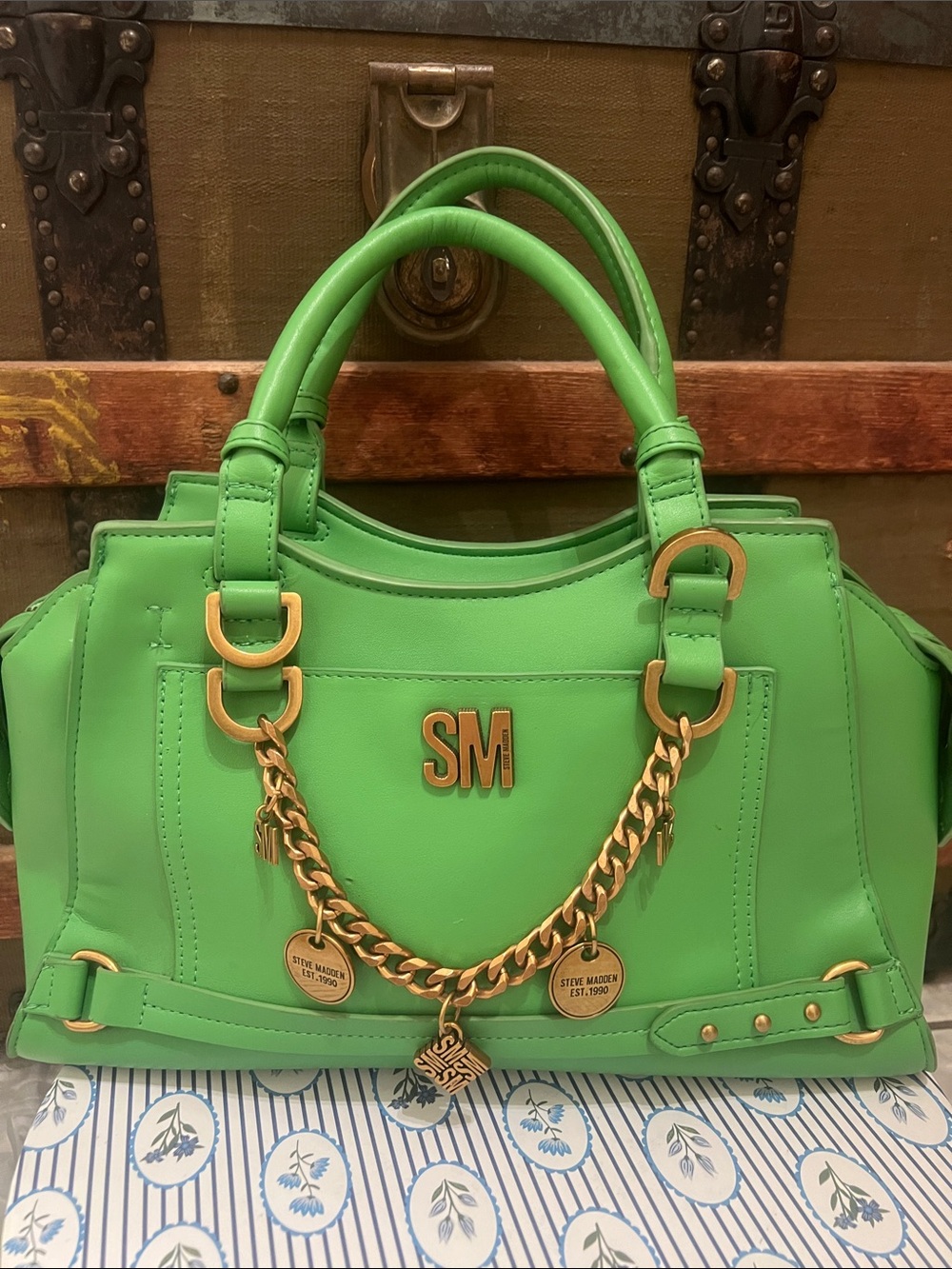 Steve Madden Bright Green Leather Satchel with Gold Chain Accents